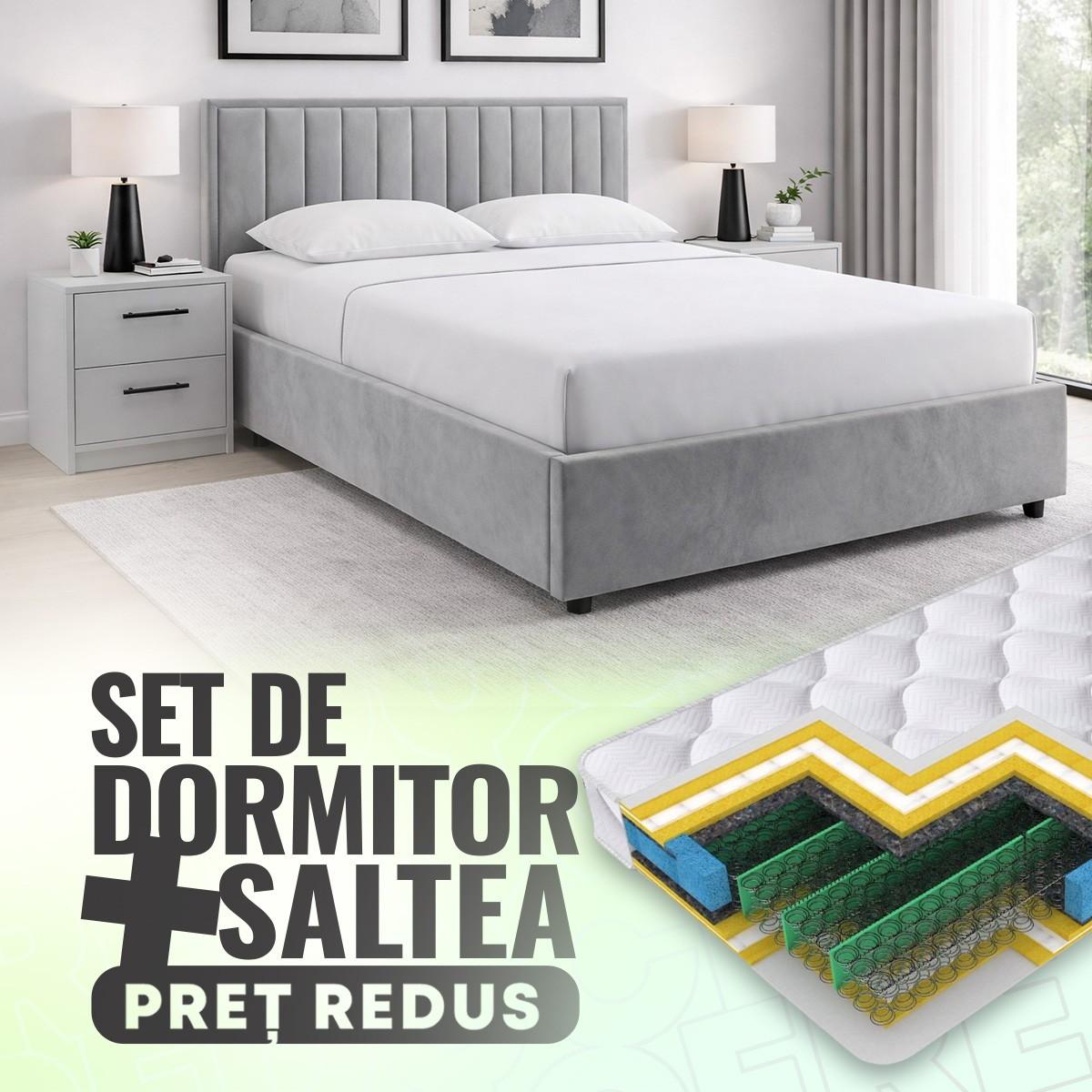 Set dormitor Alcantara Pulsar 160x200 Gri Deschis + Noptiere PAL Alb + Saltea Salt Confort Clasic 160x200