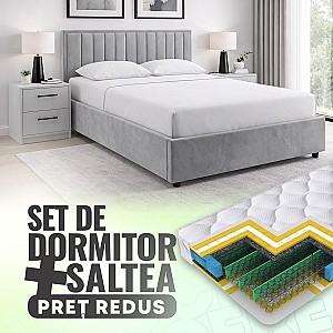 Set dormitor Alcantara Pulsar 160x200 Gri Deschis + Noptiere PAL Alb + Saltea Salt Confort Clasic 160x200