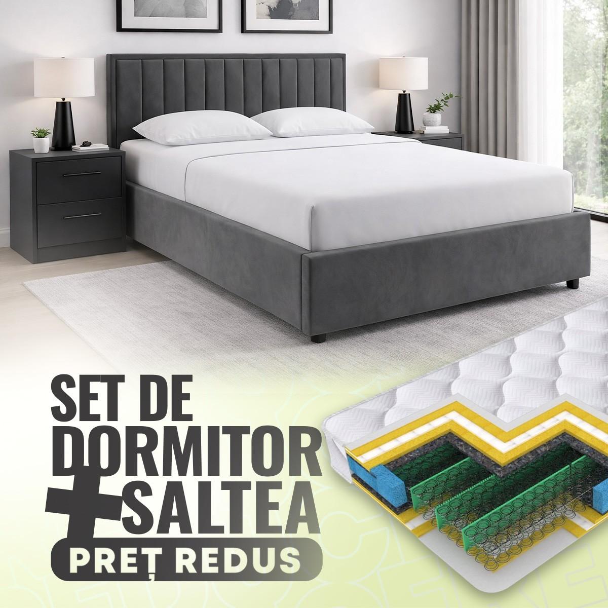 Set dormitor Alcantara Pulsar 160x200 Gri Inchis + Noptiere PAL Gri Inchis + Saltea Salt Confort Clasic 160x200
