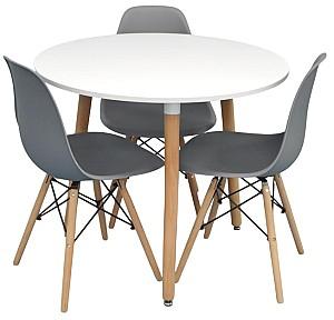 Set de masa si scaune Evelin DT 404-1 WO (Alb / Lemn) + 3 scaune LC-021 Grey (Gri)