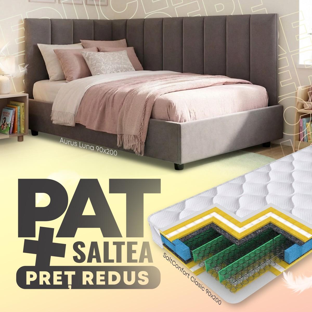 Pat copii Aurus Luna (stanga) 90x200 + Saltea Salt Confort Clasic 90x200