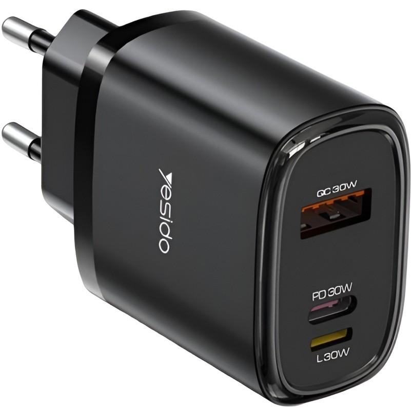 Incarcator telefon Yesido Wall Charger 1*USB-A+1*Type-C+1*Lighting 30W Max with Cable Type-C to Lighting YC52 Black