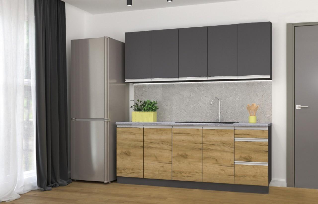 Set mobila bucatarie Yasen Madera 2 m grafit gri/stejar kraft gold (drept)