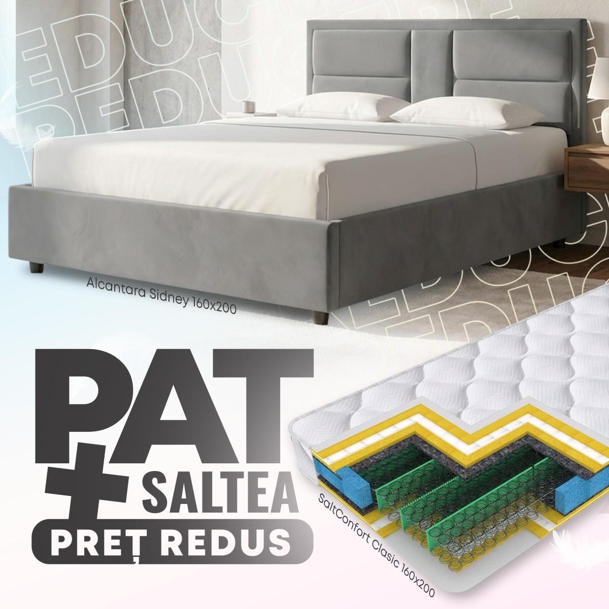 Pat Alcantara Sidney 1.6 m Gri Închis + Saltea Salt Confort Clasic 160x200