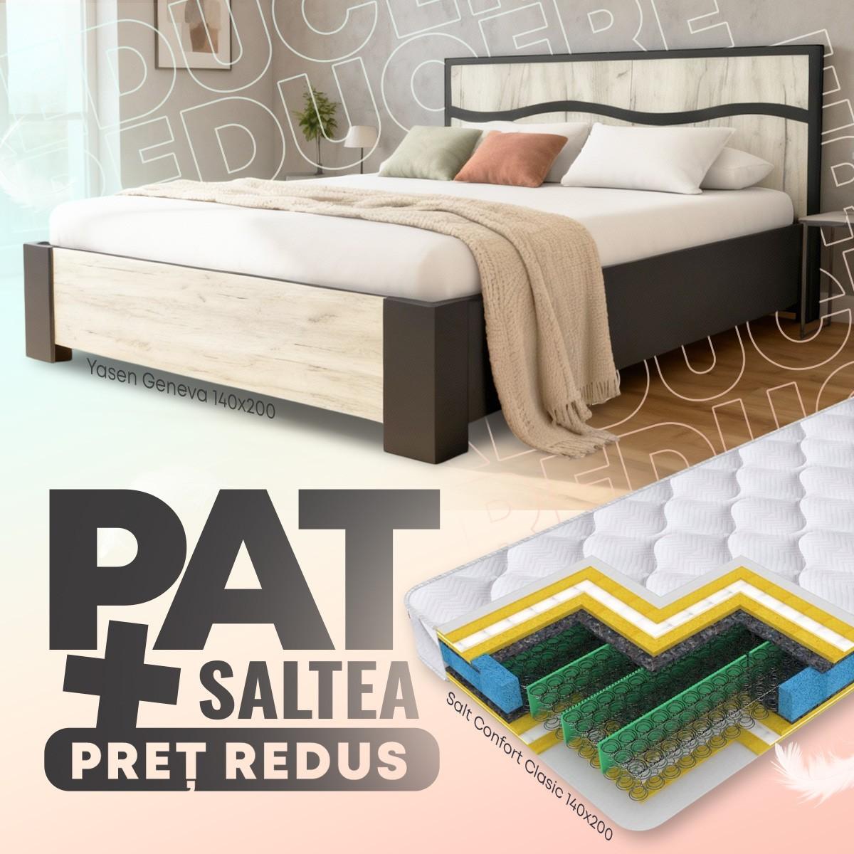 Pat Yasen Geneva 1.4 m Grafit / Stejar Kraft Alb + Saltea Salt Confort Clasic 140x200