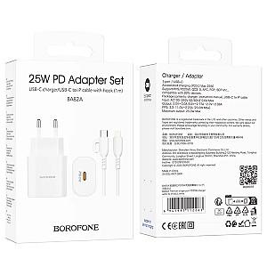 Incarcator telefon Borofone BA82A Platinum single port PD25W charger set(C to iP)(EU) White