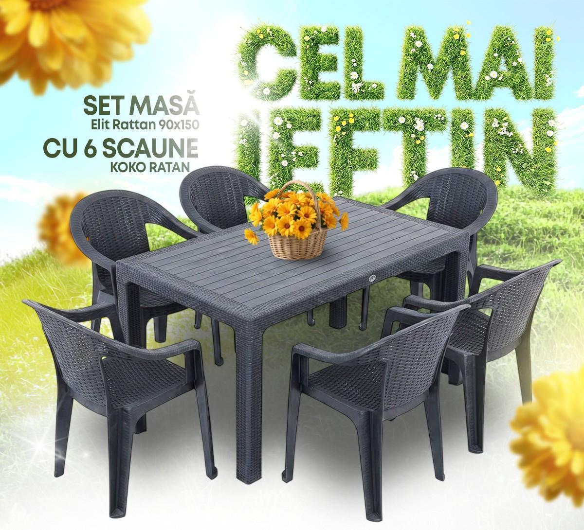 Set mobila de gradina VLM Elit Rattan 90x150 + 6 scaune Koko Rattan Antracit