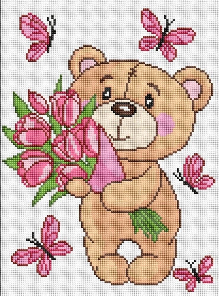 Pictura cu diamante Ideyka Ursuleț cu flori, 30×40 cm