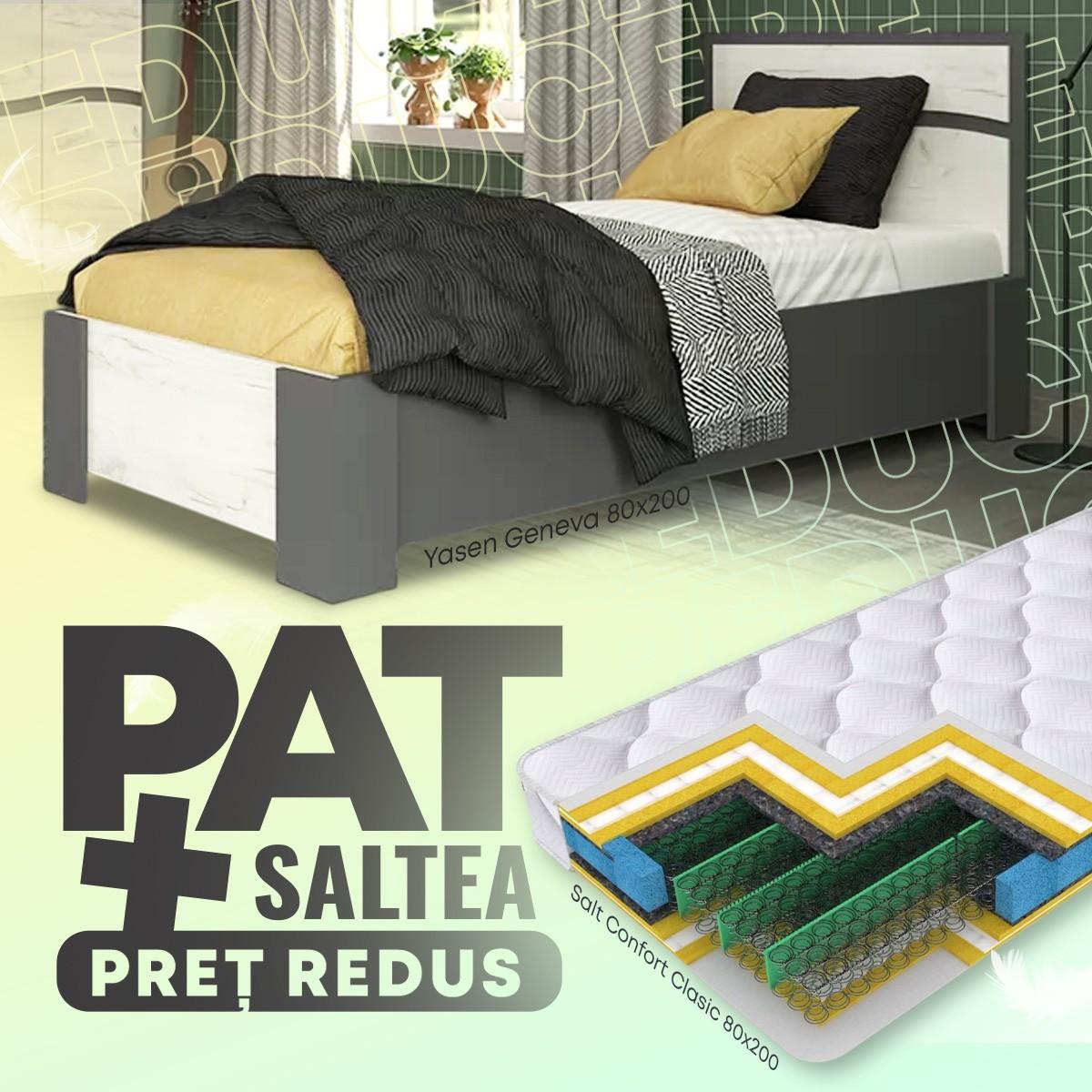 Pat copii Yasen Geneva 0.8 m Grafit / Stejar Kraft Alb + Saltea Salt Confort Clasic 80x200