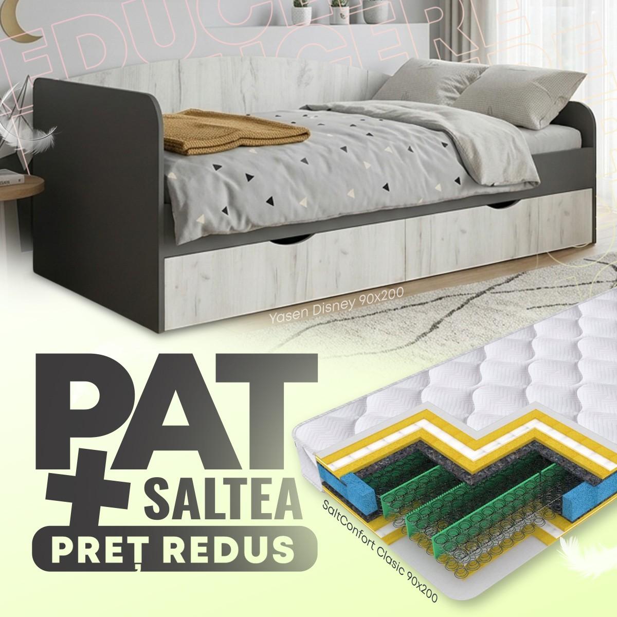 Pat copii Yasen Disney 900 Grafit / Stejar Fraft Alb + Saltea Salt Confort Clasic 90x200