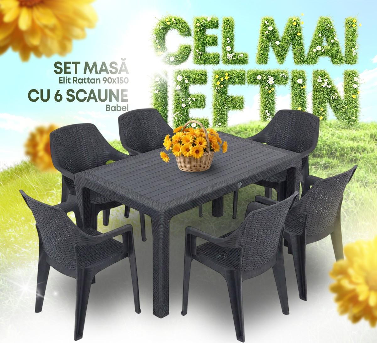 Set mobila de gradina VLM Elit Rattan 90x150 + 6 scaune Babel Antracit
