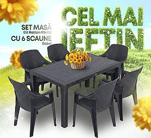 Set mobila de gradina VLM Elit Rattan 90x150 + 6 scaune Babel Antracit