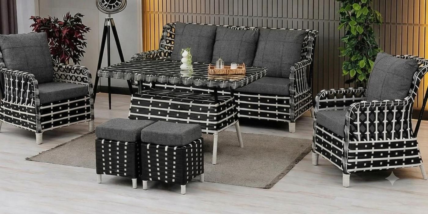 Set mobila de gradina Stars Plastik Vilza Rattan 3+1+1 (Puf 1+1) Alb / Negru
