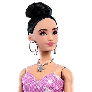 Papusa BARBIE Fashionistă în rochie din denim roz cu imprimeu stelat