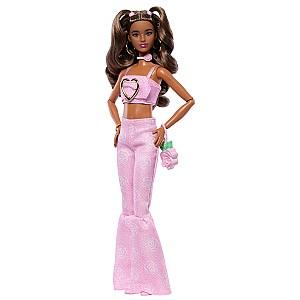 Papusa BARBIE Fashionistă în top roz din denim și blugi evazați