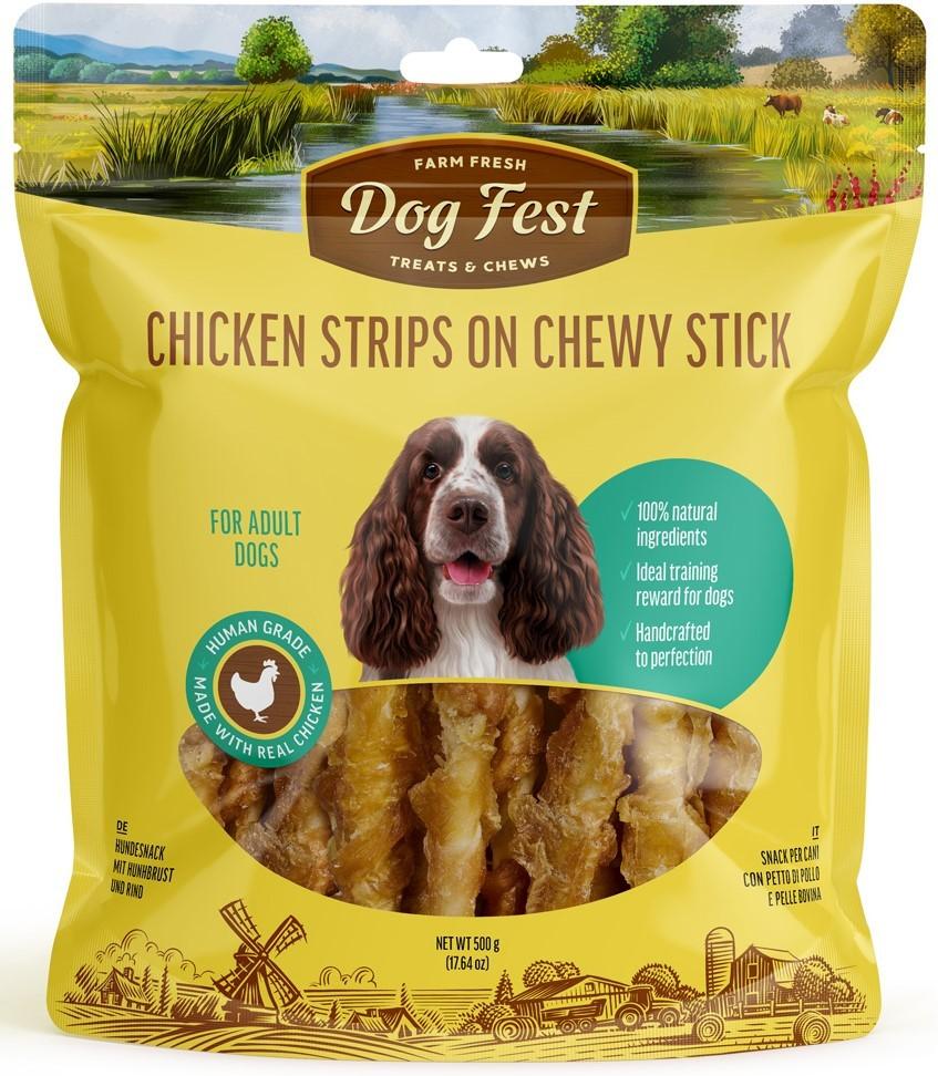 Snackuri pentru caini Dog Fest Chicken Stripes on Chewy Stick 500g