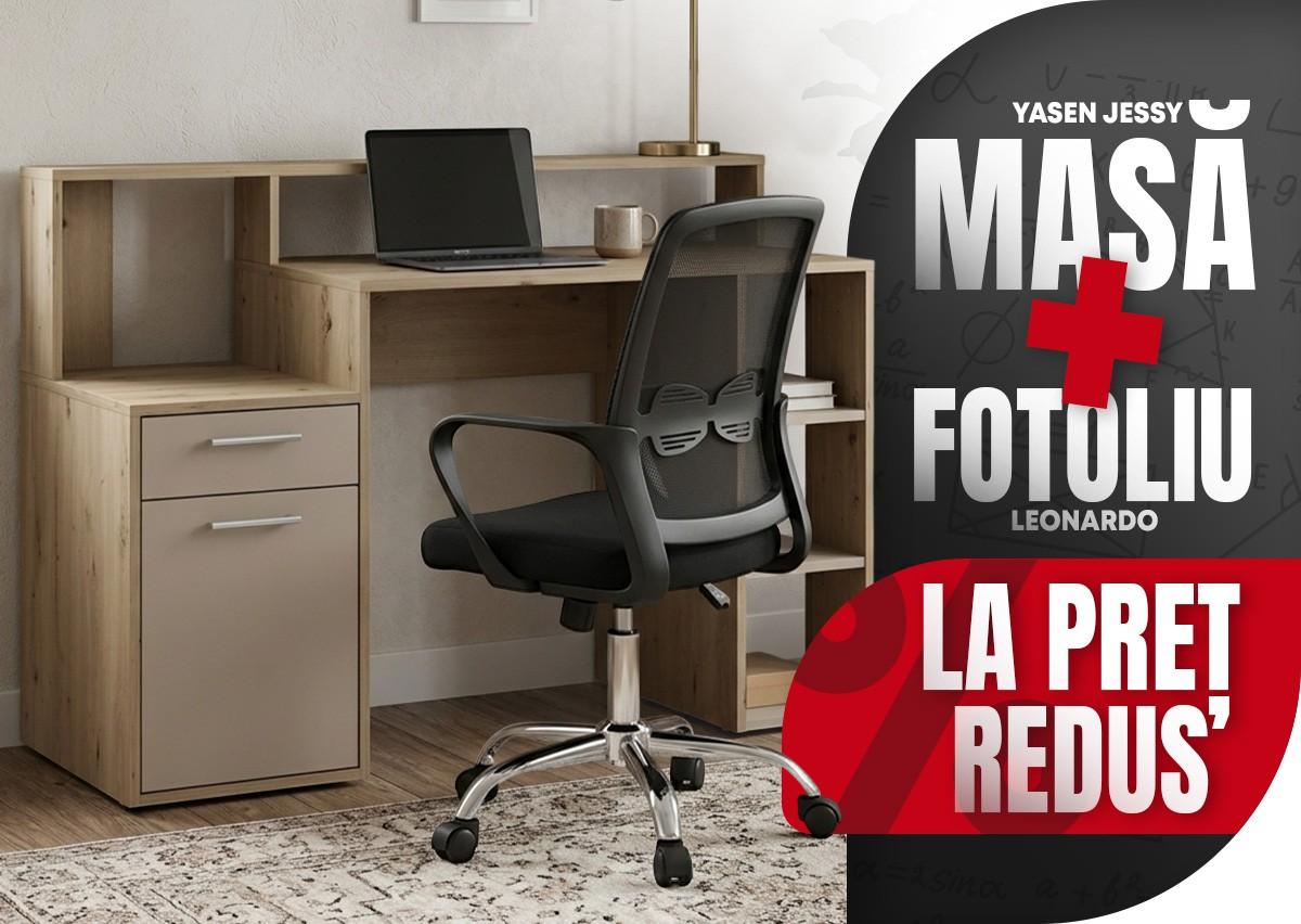Masa de birou Yasen Jessy Stejar Artisan / Cașemir + Fotoliu Leonardo