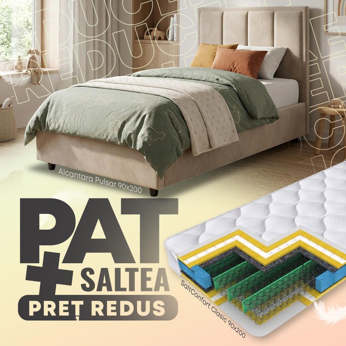 Pat copii Alcantara Pulsar 90x200 Bej + Saltea Salt Confort Clasic 90x200