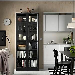 Dulap cu vitrina IKEA Billy/Oxberg usi sticla Negru Aspect Stejar