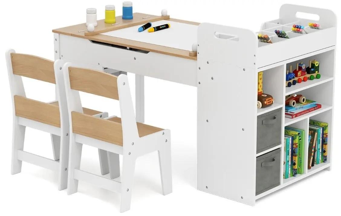 Masă de scris pentru copii Costway HY10310NA + 2 scaune Alb/Natural (Bej)