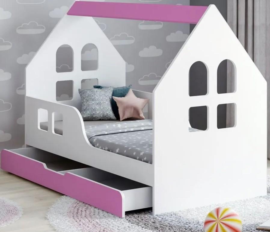 Pat copii Happy Babies House Windows L04 cu sertar 80x160 Alb/Roz