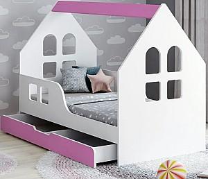 Pat copii Happy Babies House Windows L04 cu sertar 80x160 Alb/Roz