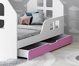 Pat copii Happy Babies House Windows L04 cu sertar 80x160 Alb/Roz