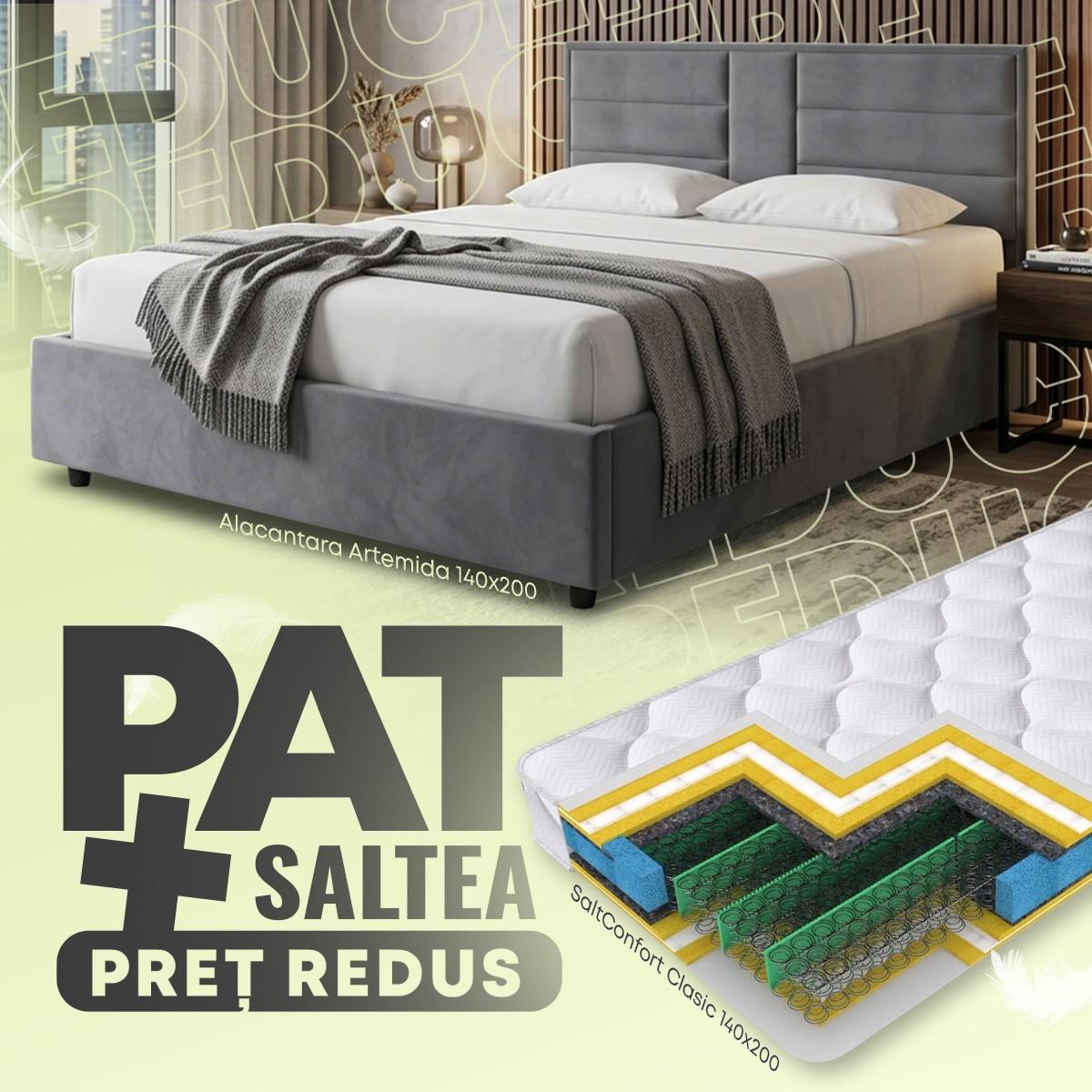 Pat Alcantara Artemida 140x200 Gri + Saltea Salt Confort Clasic 140x200