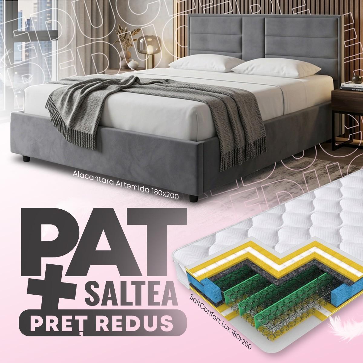 Pat Alcantara Artemida 180x200 Gri + Saltea Salt Confort Lux 180x200