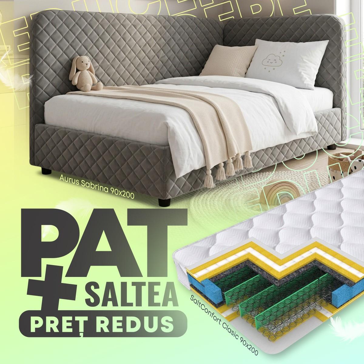 Pat copii Aurus Sabrina 90x200 Gri + Saltea Salt Confort Clasic 90x200
