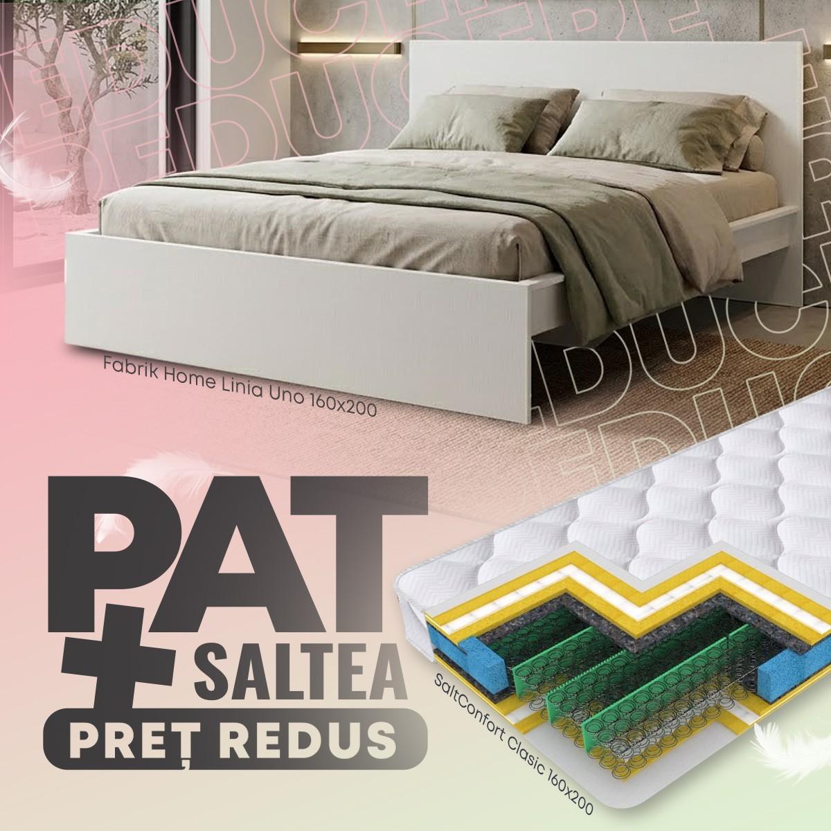 Pat Fabrik Home Linia Uno 160x200 Frasin Alb + Saltea Salt Confort Clasic 160x200