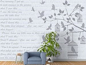 Fototapet 3d Art.Desig Text pe fundal gri și păsări pe un copac