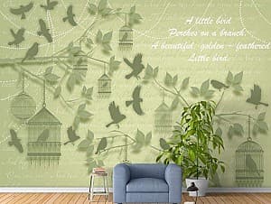 Fototapet 3d Art.Desig Text pe fundal verde și păsări pe un copac