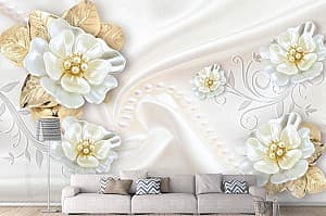 Fototapet 3d Art.Desig Flori albe cu petale de aur pe fundal deschis