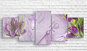 Tablou multicanvas Art.Desig Lalele violete pe fon ceas