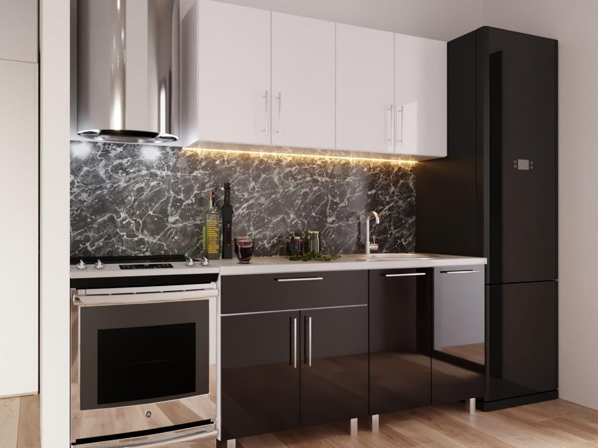 Set mobila bucatarie PS Mini 1.6 m (MDF lucioasa) Alb / Negru